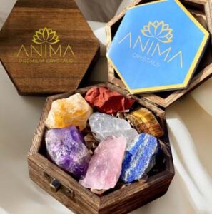 Anima Premium Healing Crystals Gift – Large Raw 7 Chakra Set with Rose Quartz and Amethyst Crystal and Gemstones in Wooden Box