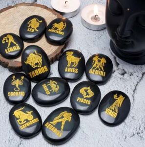 Crocon Black Agate Zodiac Or Horoscope Symbols Engraved Stones With Name (Set Of 12) For Reiki Healing Gemstone Love Crystals Sun Sign Gift