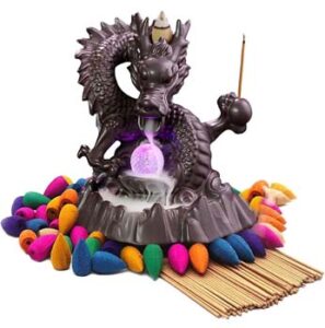 Dragon Incense Waterfall Burner with Color Changing Crystal Ball, Backflow Incense Cones, Insencents Sticks for Home Fragrance and Ornament