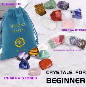 Healing Crystal for Beginners 7 Chakra Crystal Set, 23 Pcs Healing Crystal Wiccan Reiki Gift,4 Types of Gemstones, Hexagonal Tumbled Stone